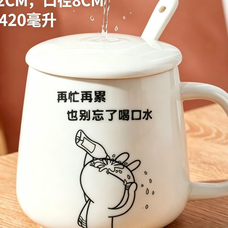 带盖带勺陶瓷马克杯 大容量水杯 细节图1